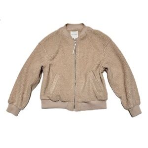 Avec Les Filles Faux Fur Sherpa Teddy Bomber Jacket Beige Zip-Up Fleece Coat